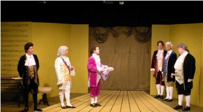 Members of the cast of CSP's AMADEUS: (L. to R.)David Hastings (Salieri), Timothy Sheridan (Emperor Joseph), Gary Lime (Mozart), (R. Back to front) Ron Ozer (Von Strack), Walt Osborne (Gottfried van Svieten), James A. Simpers (Orsini).