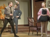 Dave Polgar, Carl Smith, Rachel Holmes share the stage and the laughs, in a scene from CHASE ME, COMRADE! running at Hedgerow Theatre in Rose Valley, PA through Sept. 12.