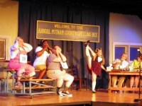 (L. to R.) Christa Wisneski as Olive Ostrovsky, Mia Mbuy as Logainne Schwartzandgrubenierre, Bob Goretski as William Barfee, Leigh Ann Brienza as Marcy Park, Steve Schulz as Vice Principal Douglas Panch, and Sue Murphy as Rona Lisa Peretti in a scene from Forge Theatre's production of SPELLING BEE. It runs through Oct 2 in Phoenixville, PA.