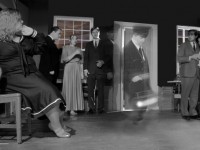 (L. to R.) Alexis Ross, Jason Salotti, Nicolette Addice, Ray Greenley, (Matt Marza), Andrew Maldonado and Charlotte Moyer in a scene from dcp theatre's GHOST TRAIN now playing at the Telford, PA theatre.