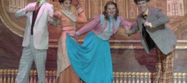 Chris Baron as Cornelius Hackl, Lauren Brownstein as Irene Malloy, Catherine Maeve Logan as Minnie Fay and Kyle McClellan as Barnaby Tucker in the Bucks County Playhouse production of HELLO, DOLLY!