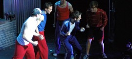 From left to right - Brian Lesnick as Willard Hewitt, Joe Naticchione as Jeter, Peter Martino as Bickle, Chris Baron as Ren McCormack and Kyle McClellan as Garvin performing "I'm Free" in Bucks County Playhouse production of FOOTLOOSE.