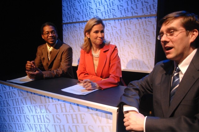 Steven Wright, Susan Riley Stevens and Tony Braithwaite at the News Desk in 1812 Productions' THIS IS THE WEEK THAT IS running in Philadelphia PA through December 31. (Photo credit: jj tiziou/www.jjtiziou.net)