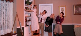 (l. to r.) Laura Bongiovanni (on chair), Marcus Roorda, Melissa Silver and Elyse Brier in a scene from Sketch Club Players' THE CURIOUS SAVAGE running through January 30.
