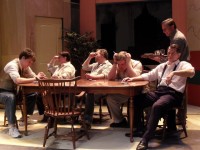 Front Row (L-R) - Russell Matthews (Speed), Debra McGuire (Roy), Dane Hutchinson (Oscar) Ryan Milliner (Vinnie) Michael Collins (Murray). Back: Chris Barsam (Felix) in a scene from Milburn Stone Theatre's THE ODD COUPLE.
