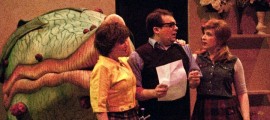 Melissa Angelo-Schiumo of Horsham, Michael Schiumo of Horsham and Page Ridgeway of Doylestown conspire in a musical melody at Mushnik's Skid Row Florist Shop in Town and Country Players' LITTLE SHOP OF HORRORS, running through April 23.