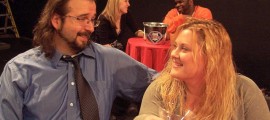 (rear left to right) Ashley White,  Derrick Levine , (front left to right) David Nikithser and Amanda Frederick in a scene from Haddonfield Plays and Players' ALL IN THE TIMING.
