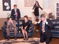 Left to Right: (standing) Steve Negro and Brenna McBride, (sitting) Joe Carney and Jean Laustsen and (kneeling) Jim Golden, in a scene from Old Academy Players' RUMORS, running through June 26.