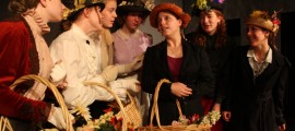 Caris Baliles, Katherine Henry, Eve Austin, Lydia Crush, Rebecca Shimer as Eliza Doolittle, Maggie Crush, Abby Witwer in a scene from dcp theatre's MY FAIR LADY, running in Telford PA through June 26.