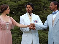 Janice Rowland as Hermione, Erik Mathew as Leontes, and Reuben Mitchell as Polixenes in Delaware Shakespeare Festival's THE WINTER'S TALE, running in Wilmington DE through July 30.