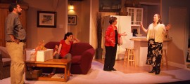 (left to right) Howie (Aaron Wexler) and Izzy (Julia Wise) look on as Nat (Linda Palmarozza) argues with her daughter, Becca (Klya Mostello Donnelly), about attending a bereavement group as means of coping with the death of Becca's son in Langhorne Players' production of RABBIT HOLE.
