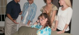 L to R Back: Jeff Wu, Brent Anders, Lauren Rozensky Flanagan, Christine Martuscello, Front: Elizabeth Hennessey in a scene from Playcrafters of Skippack's RABBIT HOLE, running through August 27.