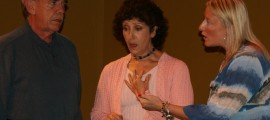 Ira (John Devennie) argues with Lee (Lorie Baldwin) while Marjorie (Laurie Hardy), center, reflects agonizingly in THE TALE OF THE ALLERGIST'S WIFE running through October 29 at Langhorne Players.
