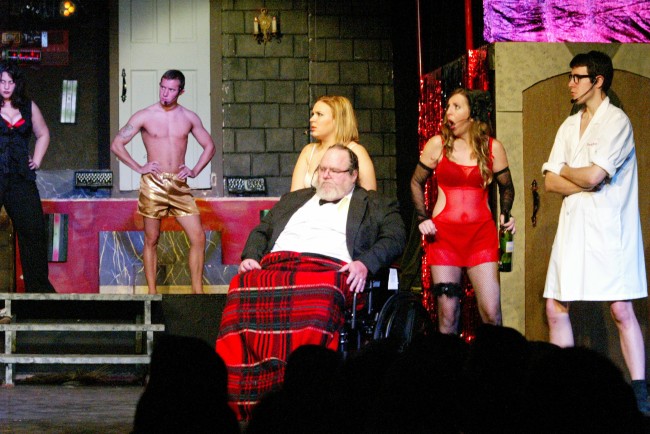 Danielle Finlay, Andrew Hughes, Ashley O’Connor, David Palmer, Courtney Gardner, Matt Bennis in a scene from The Barnstormers' THE ROCKY HORROR SHOW, running in Ridley Park, PA through November 5.