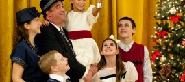 The Bailey Family: Mary (Danielle Malat), George (Rush Laughry) Zuzu (Ava Smith) Front: Tommy (Brendan Miller) Janie (Faith-Iris MacIlvaine) and Pete (Billy Ambrose).