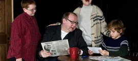 l-r; Ben Williams as Raphie, Steve Reazor as Old Man, Andrea Frassoni as Mother, Xander Dake as Randy in a scene from A CHRISTMAS STORY running at Tri-PAC in Pottstown PA through December 18. (Photo credit: John Daggett)