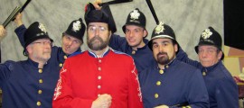 Major General John Shanken-Kaye of Doylestown, Pa., center, with some bumbling policemen, from left, Dan Slothower of Plainsboro, Jim Zimmerman of Hamilton, Dave Walter of Allentown, Mike Schiumo of Horsham, Pa., and John Russell of Mercerville. PinnWorth Productions presents THE PIRATES OF PENZANCE at MCCC’s Kelsey Theatre Jan. 13-22.