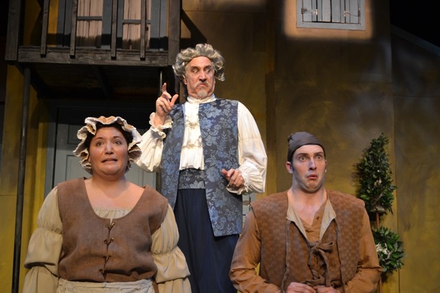 Maria Panvini, Stephen Bonnell and Tim Rinehart in a scene from STAGES at Camden County College's THE SCHOOL FOR WIVES running in Blackwood, NJ.