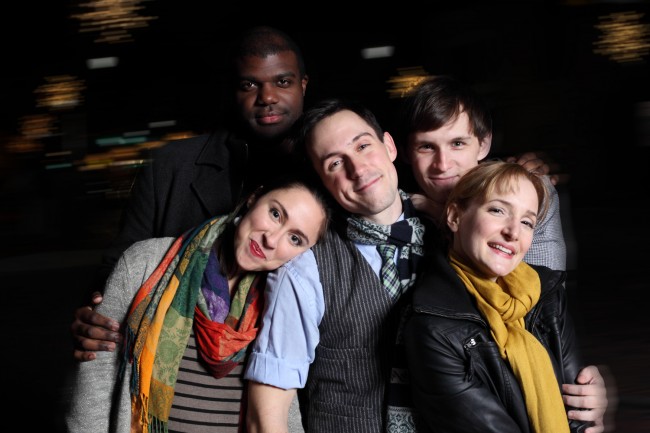The cast of VOICES AT CHRISTMAS, presented by Theatre Horizon in Norristown, PA through December 31:(l to r) Caroline Dooner, Carl Clemons-Hopkins, Jamison Forman, Ben Michael, and Maggie Lakis.