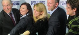 Jed Bernstein, Tanya Cooper, Sherri Daughtery, Kevn Daughtery, Peggy McRae (having fun!) at press conference held to update the status of the Bucks County Playhouse. (Photo credit: Jean and Bill Brenner)