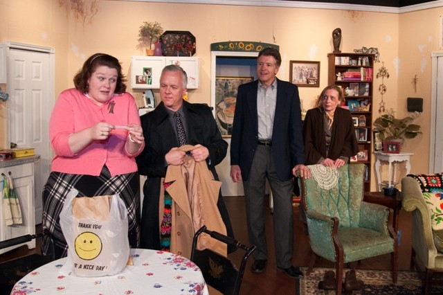 From Left: Courtney Bambrick, Norm Burnosky, Michael Gavanus, Charlotte Higgins in a scene from Old Academy Players' production of SKIN DEEP, directed by Nancy Frick.