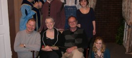 The cast of LEADING LADIES at Playmasters: (Back row from left to right:)  Nigel Rogers, Tim Kirk, Dave Kirby, Angie Schlauch;  (Front row from left to right:) Joe Szumila, Carole Mancini, Joe Mattern, Laura Buttonbusch,