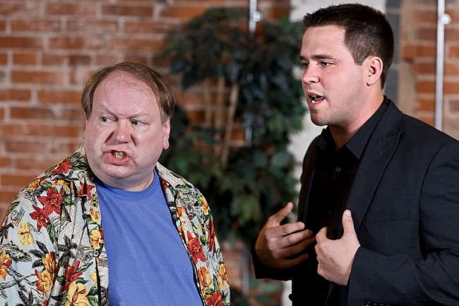 Steve Reazor and Tyler Horn in a scene from FARRAGUT NORTH at Tri-County Performing Arts Center in Pottstown, PA. (Photo credit: John Daggett)