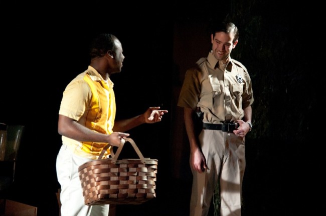 Akeem Davis and  Kevin Meehan in a scene from SLIP/SHOT at Flashpoint Theatre Company.  (Photo by Johanna Austin/AustinArt.Org)