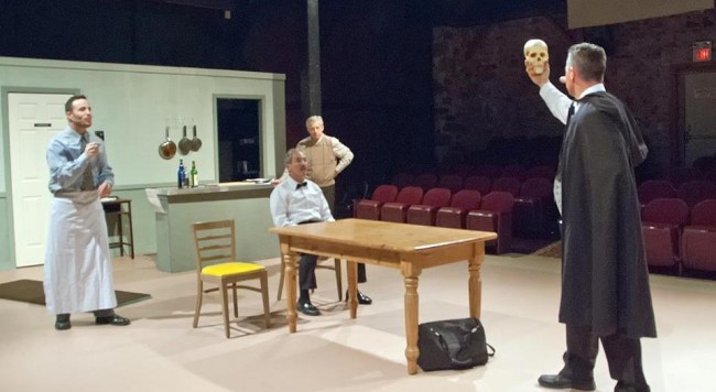 Dan Gold, Paul Frank, Terry Cunningham, and Don Dillon in a scene from Town and Country Players' FLAMING IDIOTS, running in Buckingham, PA through May 5.