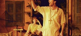 Pamela Dollak (Hannah Jelkes) and Sean Close (Reverend T. Lawrence Shannon) in a scene from South Camden Theatre Company's THE NIGHT OF THE IGUANA, opening April 20.
