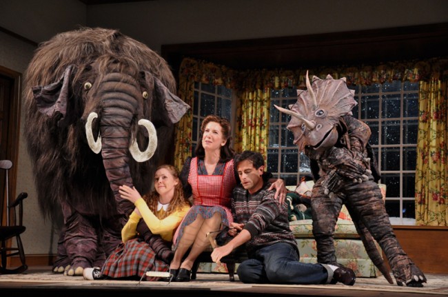 Mammoth (Mark Williams and Daniel Bailin), Gladys (Erin Partin), Mrs. Antrobus (Kathleen Pirkl Tague), Henry (Michael Gotch), and Joann Browning (Dinosaur) in a scene from Resident Ensemble Players' THE SKIN OF OUR TEETH.  (Photo credit: Nadine Howatt)