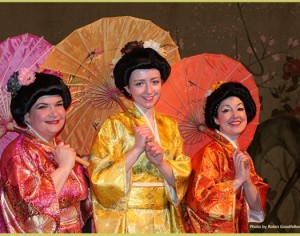 Laura Clattenburg as Peep-Bo, Clementine Harvey as Yum-Yum, Catherine Ard as Pitti-Sing in King of Prussia Players' THE MIKADO. (Photo credit: Robin Goodfellow Web Designs)