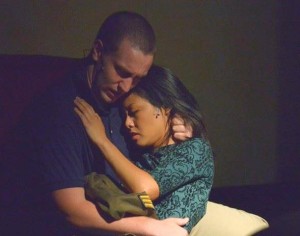Samantha Pruna (Kim) and Stephen McBride (Chris) in MISS SAIGON at Haddonfield Plays and Players. (Photo credit: Stewart Gammill)