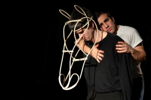 Harry Slack as horse Nugget and Eric Scotolati as Alan in EQUUS at Curio Theatre Company. (Photo credit: J.R. Blackwell)