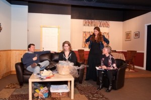 Bryan McVeigh as Howie, Aly Brookland as Izzy, Beverly Redman as Becca (standing), & Dale Mezzacappa as Nat in Old Academy Players' sensitive production of RABBIT HOLE.