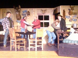 Bo White (Reuben Soady),  Tommy Trietley (Remnar Soady), Bill Campbell (Albert Soady), David Hastings (Jimmer Negamanee), Aaron Tanzer (Ranger Tom T Treado) in ESCANABA IN DA MOONLIGHT.