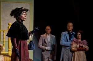 Joshua D. Singer as Lady Bracknell, John Mulvey as Merriman, Tyler Groton as Algernon, Madi Houff as Cecily. (Photo credit: Scott Serio, Cecil Scene)