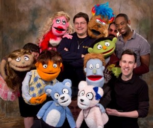 Puppet Master and Director John M. Maurer of Ewing is pictured with cast members (from left): Michael Schiumo of Horsham, PA, as Trekkie Monster; Kyrus Keenan Westcott of Hamilton as Nicky; and Mark Applegate of Hamilton as Rod the Republican.  Each puppet was handmade by the MPO team.  (Photo by Robert Gougher)