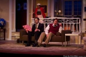 (above) Alice Weber from Bucks County (Bertha) (l. to r.) Ian Kimble from Philadelphia (Bernard), Craig Hutchings from Barrington (Robert) in BOEING BOEING at The Ritz Theatre Company. (Photo credit: Chris Miller)