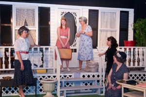Ginny Kaufmann (Bobrita Tolliver), Kimberly Shrack (Ima Jean Tatum); Susan Lonker (Laura Lee McInerney), Michele Loor Nicholay (Glendine Slocumb), Patricia Pelletreau (Violet Montgomery) in  a scene from WEDDING BELLES at Old Academy Players. (Photo credit: Jim Pifer)