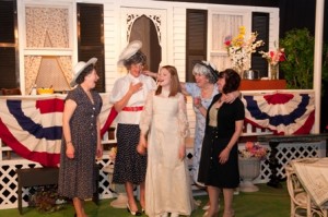 Patricia Pelletreau (Violet Montgomery), Ginny Kaufmann (Bobrita Tolliver), Kimberly Shrack (Ima Jean Tatum); Susan Lonker (Laura Lee McInerney), Michele Loor Nicholay (Glendine Slocumb) star in WEDDING BELLES at Old Academy Players. (Photo credit: Jim Pifer)