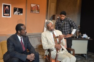 Kim E. Brown as Harmond Wilks, Damien J. Wallace as Elder Joseph Barlow and  Roderick Slocum as Sterling Johnson in South Camden Theatre Company's RADIO GOLF. (Photo credit: Robert Bingaman)