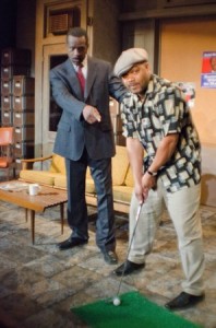Kim E. Brown as Harmond Wilks and Andre N. Jones as Roosevelt Hicks in a scene from RADIO GOLF. (Photo credit: Gus Orr)