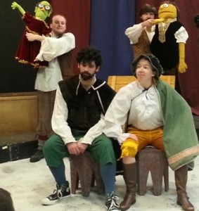 Front (sitting)  L: Jason Gagliardi (Guildenstern) and R: Megan Schulz (Rosencrantz) Rear (with puppets) L:  Ryan Burgess and R: Jim Broyles in a scene from Forge Theatre's ROSENCRANTZ AND GUILDENSTERN ARE DEAD.