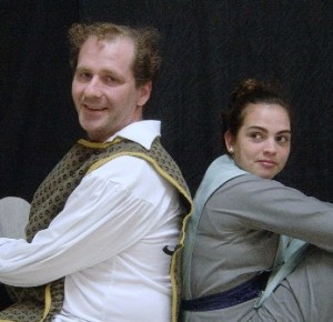 Proteus (Eric Chambers) and his lover, Julia (Iraisa Ann Reilly), disguised as his servant. (Photo credit: Cliff Brunker).