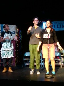 Brian Hylton (Mitch/Dan Dad), Jeff Blomquist (Coneybear/Carl Dad) and Emily Ann Murphy (Schwartzy) the Barnstormers' production of SPELLING BEE.