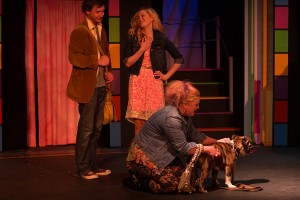 Burlington County Footlighters' LEGALLY BLONDE stars: (left to right) Sean Flaherty as Emmett, Rachel Comenzo as Elle and Amanda Fredericks as Paulette, with Rufus.