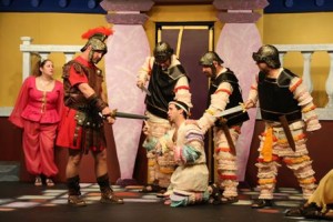 Lauren Schindler. Patrick Sutton, A.J. LoPorto, Bill Campbell, Bill Sweezey and Peter Briccotto in A FUNNY THING HAPPENED ON THE WAY TO THE FORUM. (Photo credit: Che-Yu (Peter) Kuo)