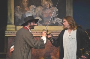 Mark Henry and Jason Martin in a swordfighting scene from CYRANO DE BERGERAC at DCP Theatre in Telford, PA.