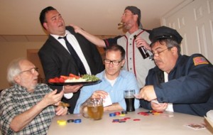 (Seated l to r:) Richard Blanck, Bruce Perlman, Jeff Dworkin; (Standing l to r:) Matthew Maher and Jeff Pilchman play poker in a scene from Newtown Arts Company's THE ODD COUPLE.